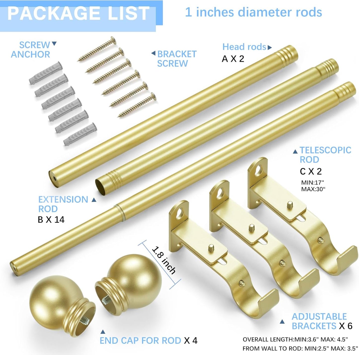 Curtain Rods for Windows 16 to 136 Inches, Curtain Rod Max Adjustable Length of 144 IN, 1" Diameter Drapery Rods Round Finials, Warm Gold, Pack of 2