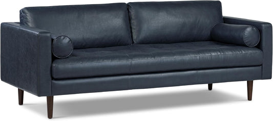 Poly & Bark Napa Leather Couch - 88.5-Inch Office Sofa with 2 Bolsters - Full-Grain Leather Sofa for Living Room with Feather-Down Topper - Living Room Couch - Vintage Italian Leather in Midnight Blue