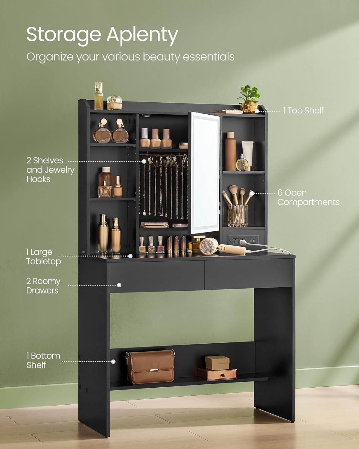 VASAGLE Vanity Desk with Power Outlets, Makeup Vanity with Mirror and Lights, Upholstered Vanity Stool, Dimmable LED Lights, 6 Compartments, 2 Drawers, for Bedroom, Ink Black URDT031B01