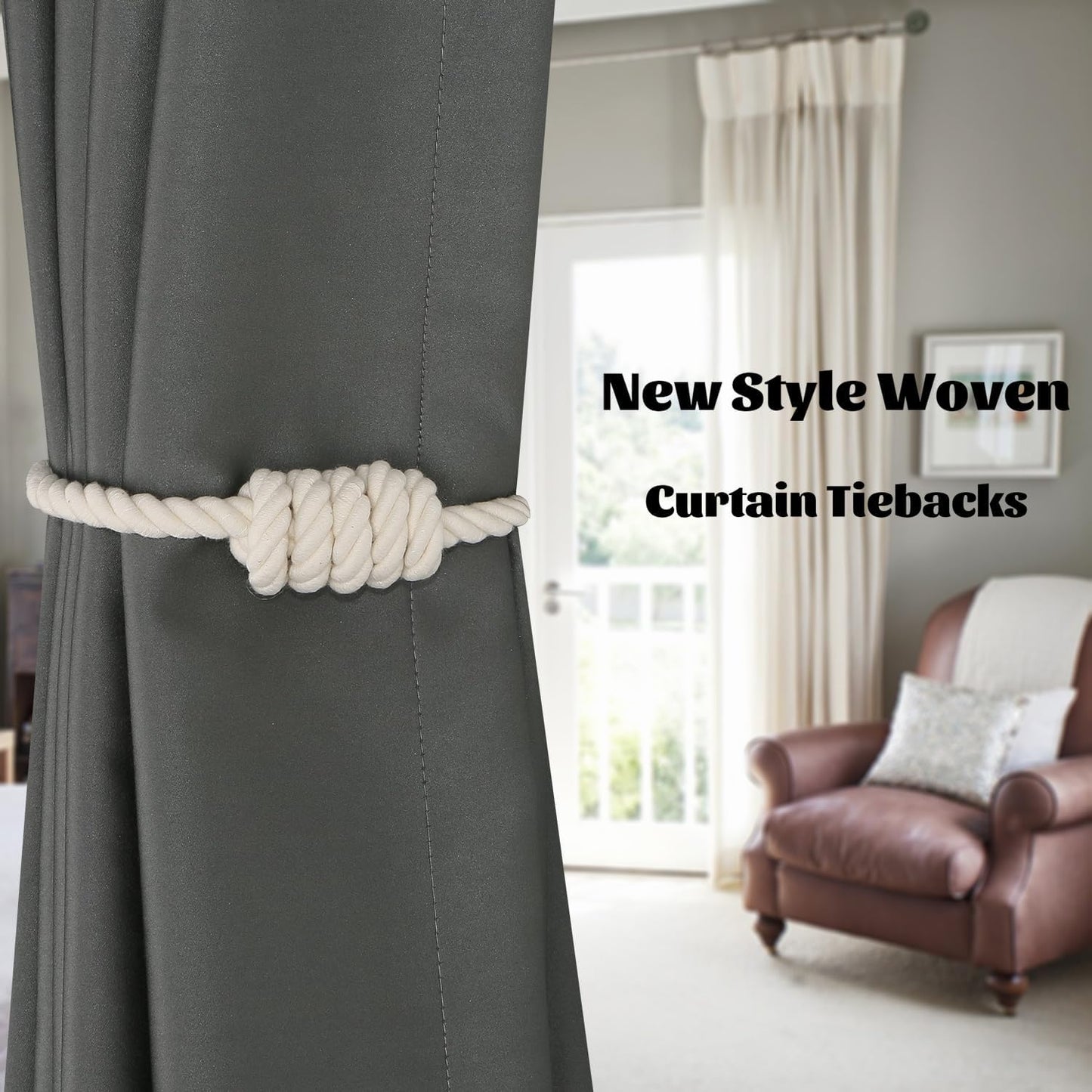 BEL AVENIR Magnetic Cotton Curtain Tiebacks, Decorative Drapery Holdbacks Modern Woven Tie-Backs with Exquisite Knot (Cotton, 6 Pack)