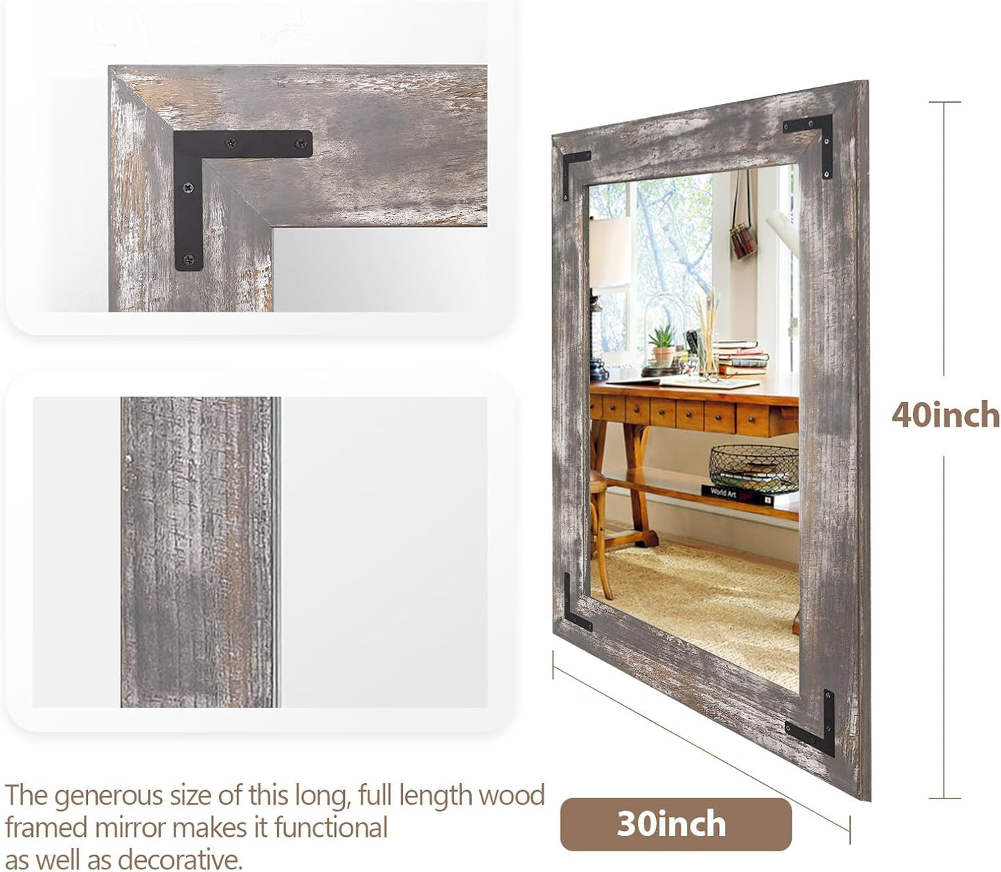 YOSHOOT Rustic Wooden Framed Wall Mirror, 40"x30", Natural Wood Bathroom Vanity Mirror for Farmhouse Decor, Vertical or Horizontal Hanging