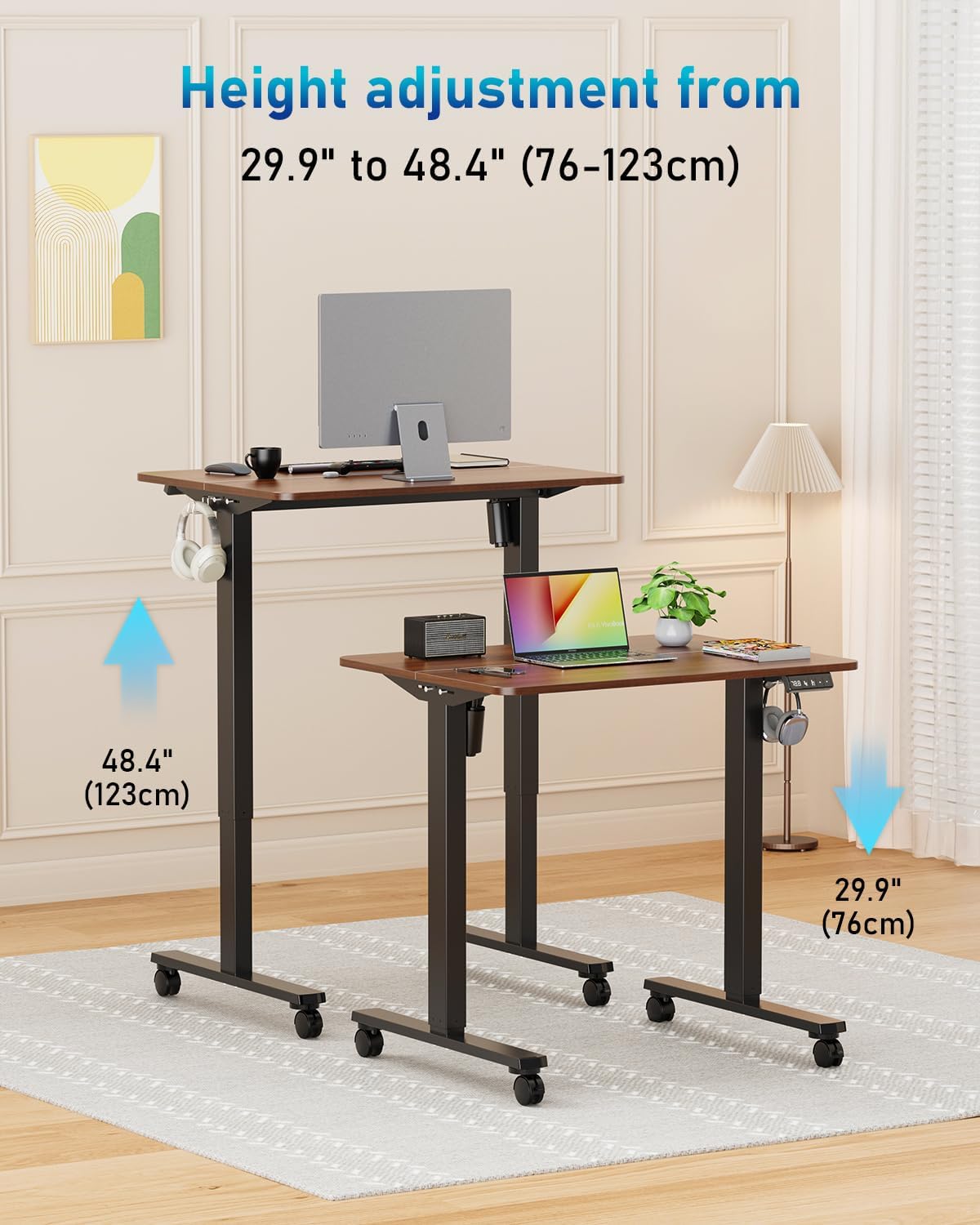 Small Height Adjustable Electric Standing Desk, 31.5" x 23.6" Sit Stand up Desk with Splice Board, Ergonomic Rising Computer Home Office Desk Table with Memory Preset, Black Frame/Walnut Top