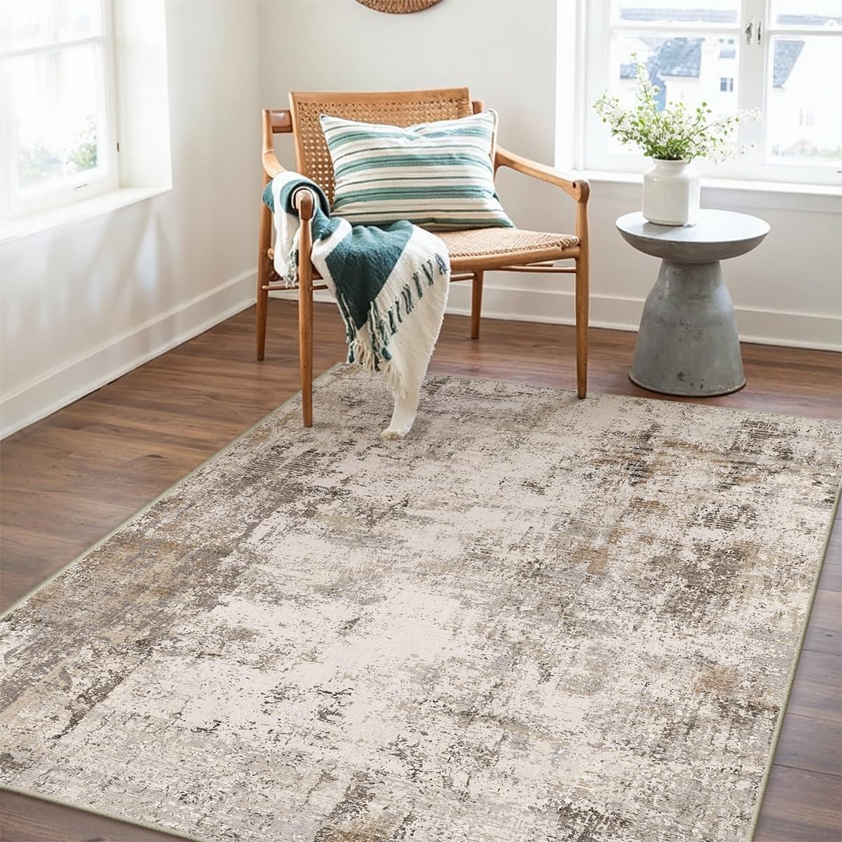 3x4 Washable Area Rug Brown Grey Neutral Abstract Entryway Kitchen Non Slip Low Pile Throw Rug Living Room Bedroom Indoor Doormat Small Soft Carpet for Entrance Bathroom
