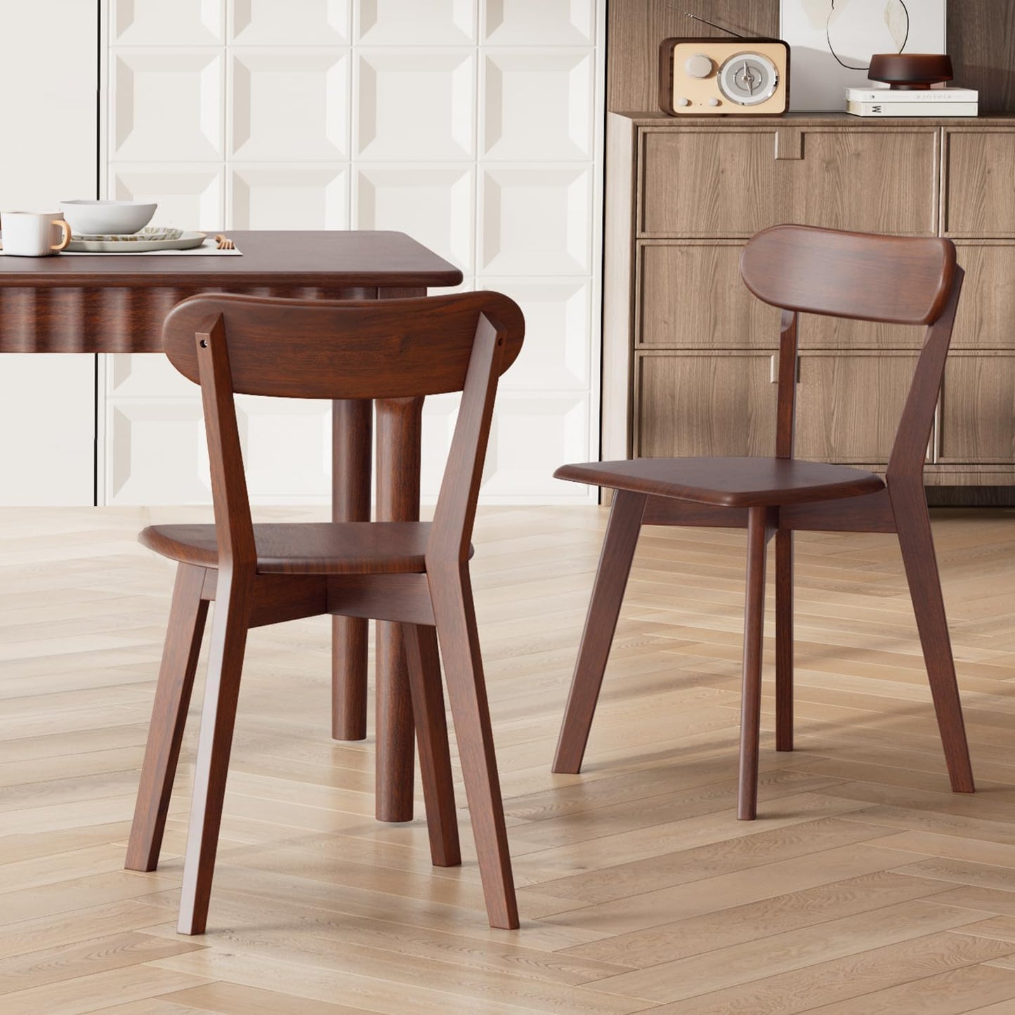 Solid Wood Dining Chairs Set of 2, Mid Century Modern Dining Room Chairs with Curved Backrest, Wooden Armless Kitchen Chairs for Dining Room, Space Saving, Walnut