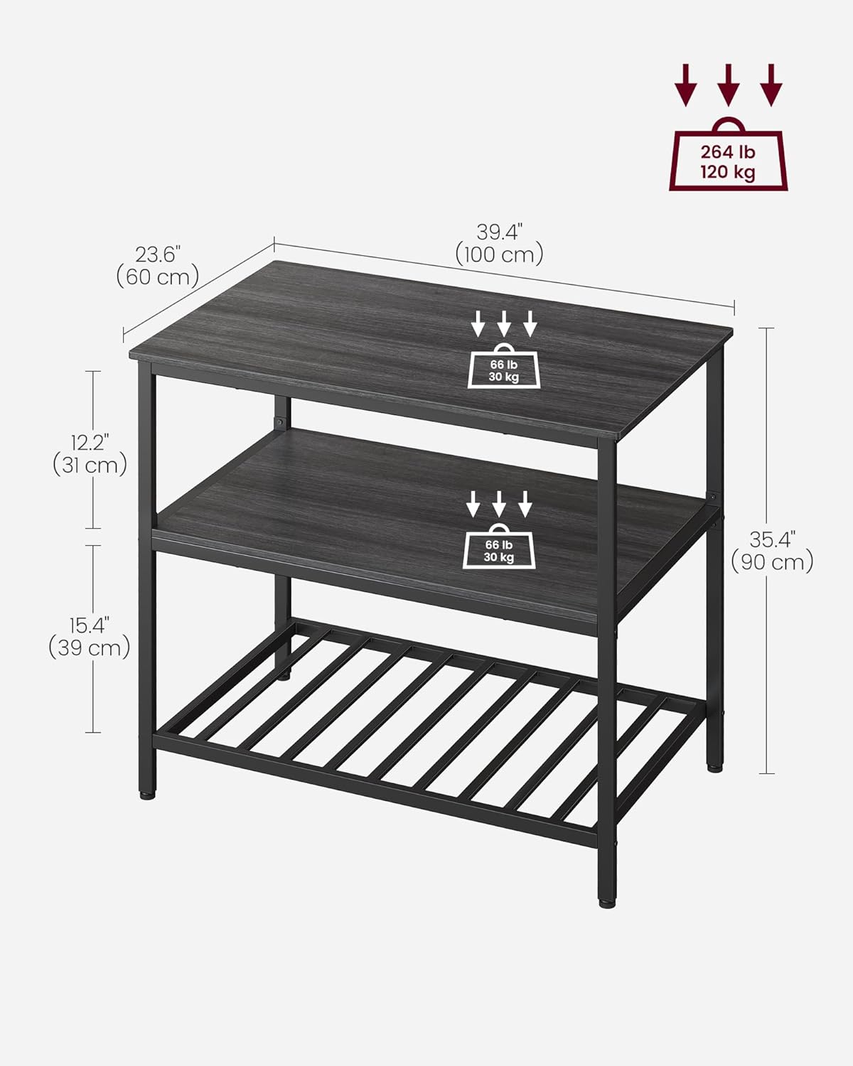 VASAGLE Kitchen Island with 3 Shelves, 39.4 Inches Width Kitchen Shelf with Large Worktop, Stable Steel Structure, Industrial, Easy to Assemble, Ebonised Oak and Black UKKI005B42