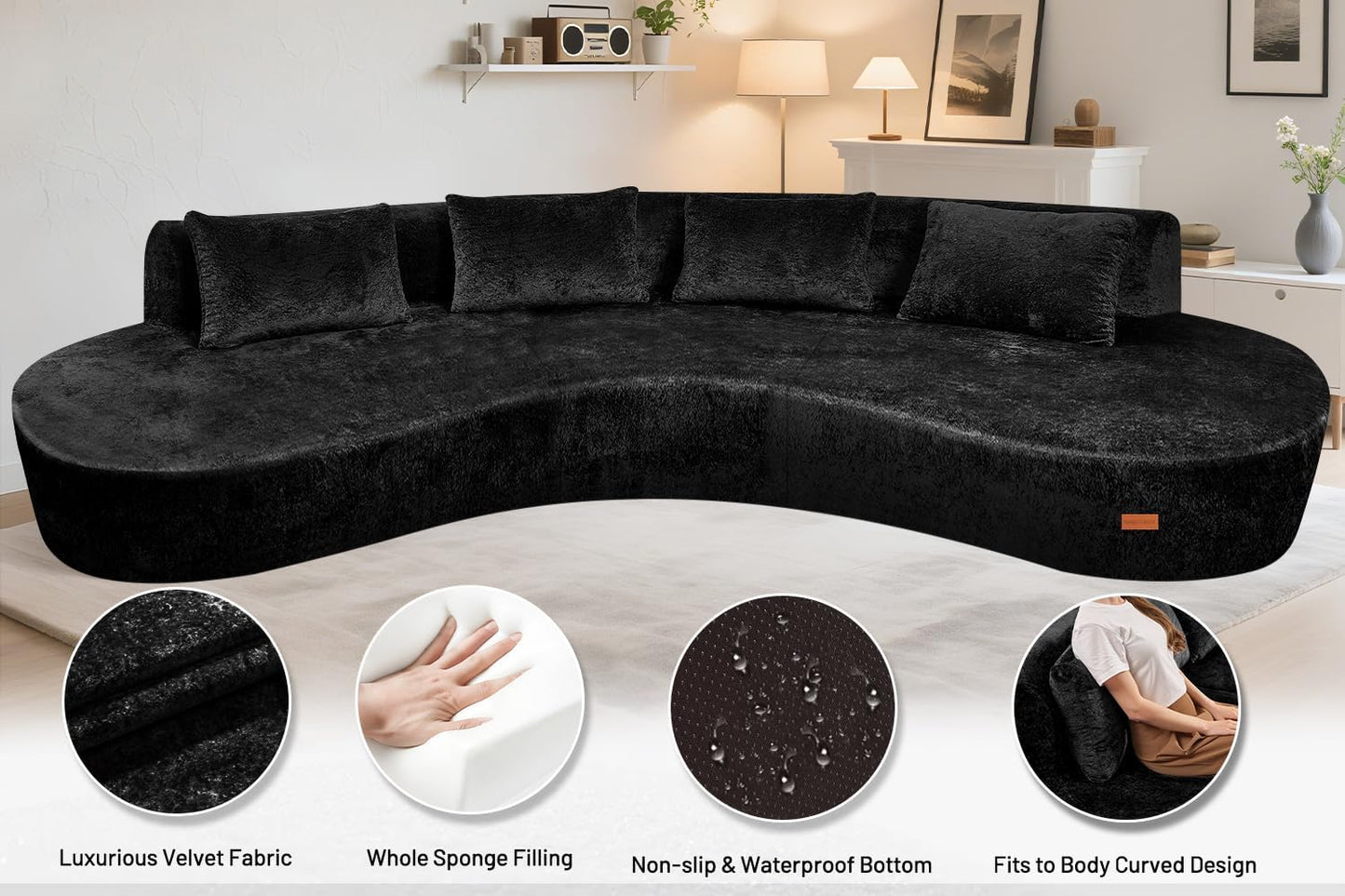 Homguava 130'' Modular Sectional Sofa,Curved Modern Sofa with Memory Foam,Deep Seat Cloud Couch with 4 Pillows,Upholstered Oversized Couches for Living Room Apartment Office,No Assembly Required-Black