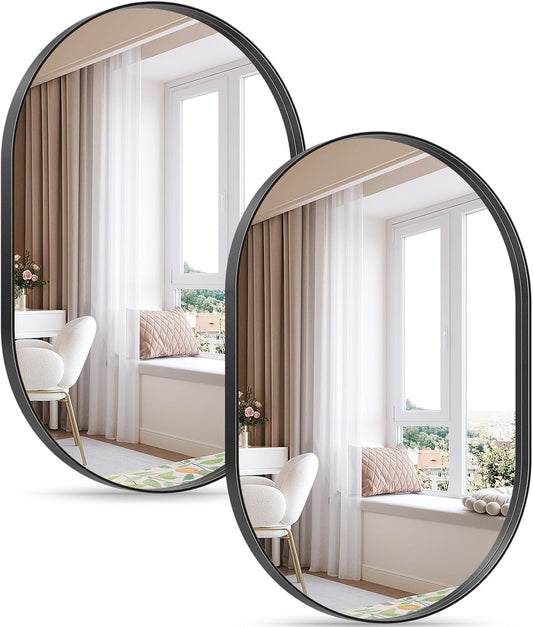 2 Pack Black Oval Mirrors, 20" x 33" Double Modern Mirror for Living Room, Black Frame Mirror for Over Sink Bedroom Fireplace Entryway Hang Vertical and Horizontal