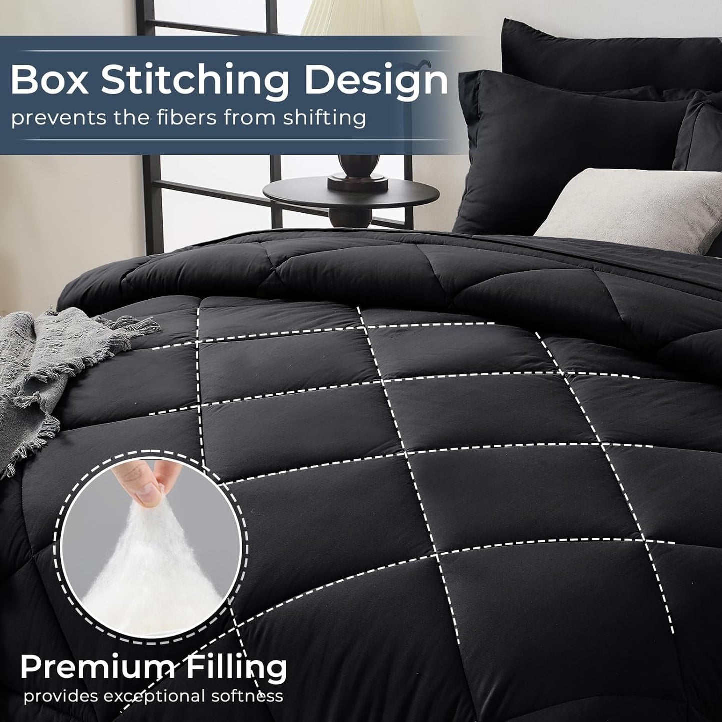 HEVUMYI Black Twin Comforter Set - 5-Piece All Season Bed in a Bag Twin, Ultra Soft Bedding Set with Comforter, Flat Sheet, Fitted Sheet, Pillowcases, Pillow Shams, Black