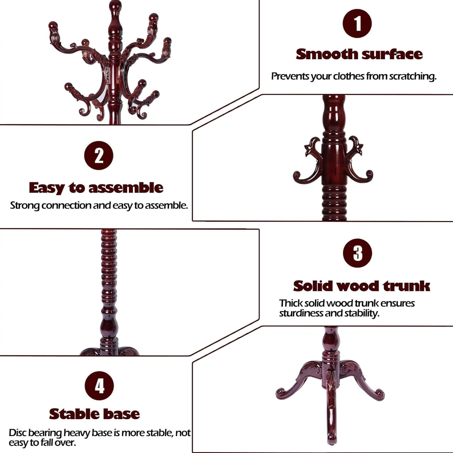 Coat Racks Free Standing with 14 Hooks, Natural Wood Coat Stands for Entryway, Adjustable Height 73 in Tree Coat Rack Stand for Hallway Home Office Bedroom (Mahogany triangle)