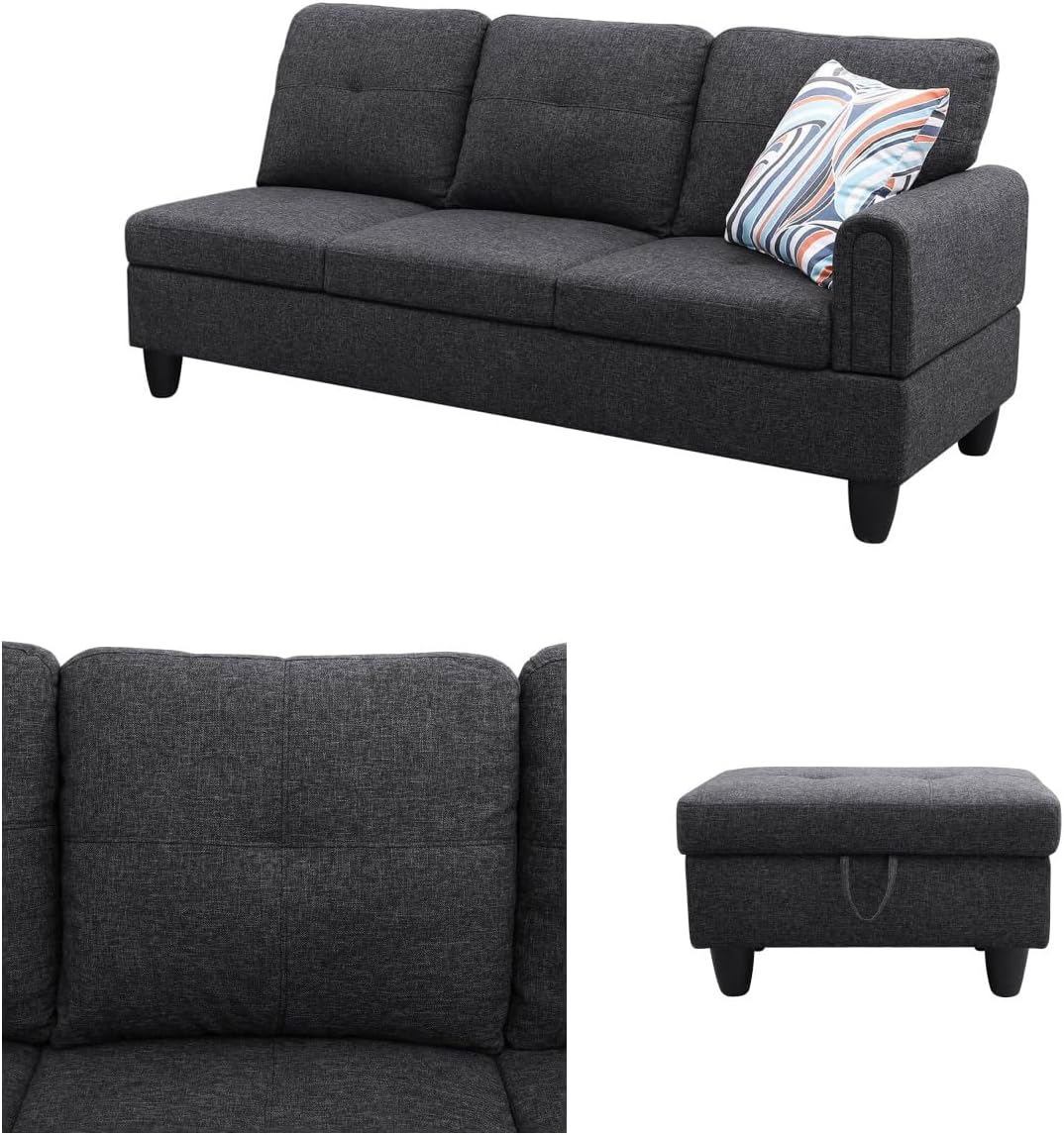 Convertible Sectional Couch, Large L Shaped Couch with Storage, Modern Modular 5-Seat Sectional Sofa with Ottomans for Living Room and Office, Black Grey