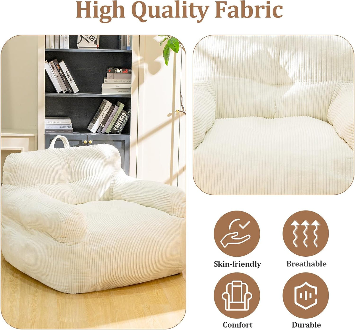 Bean Bag Chair for Adults - Faux Fur, Fluffy and Comfy with Filler, Big Sofa for Reading, Gaming (Beige, Oversize)
