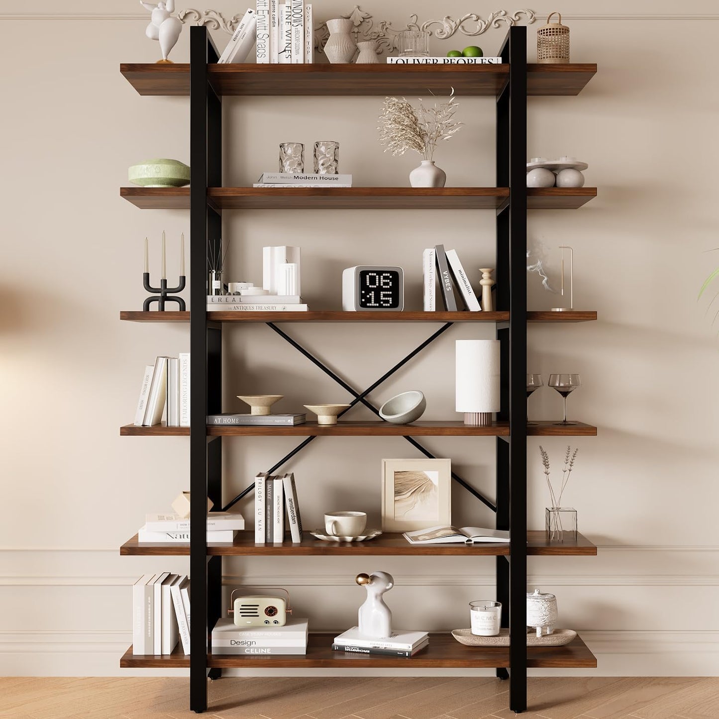 Solid Wood core Industrial Style Bookcase,Bookshelf with 6 Shelves, Walnut Wood and Black Metal Frame, Large Open Storage Display Unit (Dark Walnut, 6 Tiers)