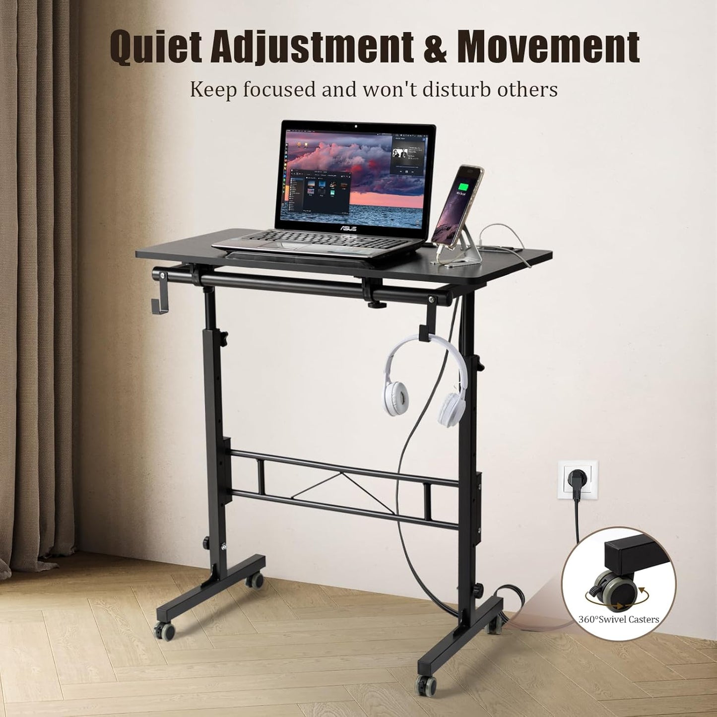 SIDUCAL Standing Desk Height Adjustable with Tiltable Tabletop, Rolling Laptop Desk with Charging Station, Sit Stand Portable Stand Up Desk with Wheels, Black