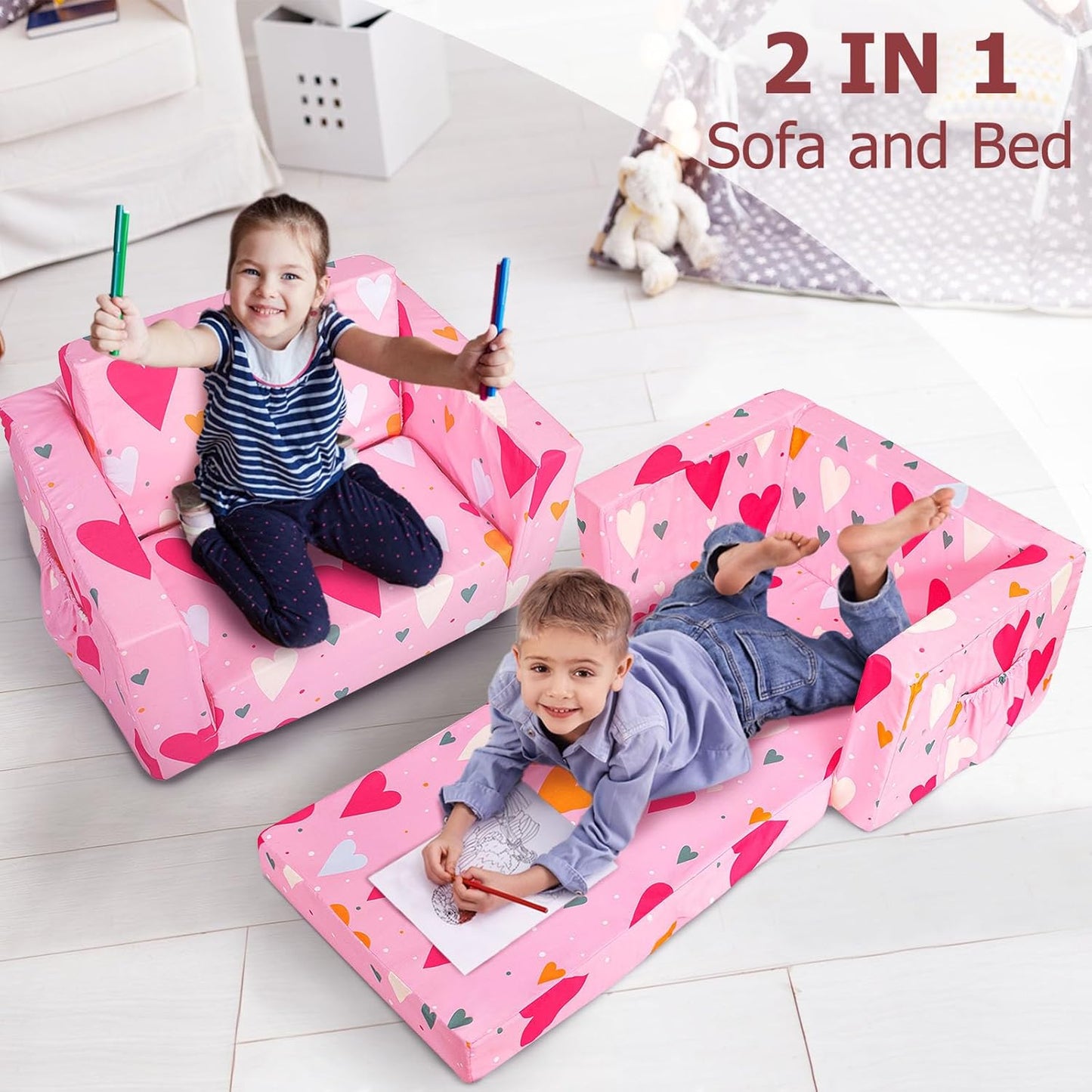 Kids Couch, 2-in-1 Kids Fold Out Sofa, Convertible Toddler Couch to Lounger for Girls and Boys, Soft Toddler Chairs Comfy 1-3 Years Old(Pink Heart)