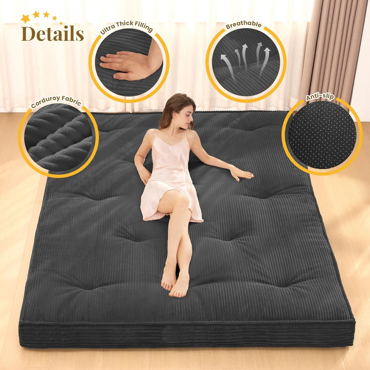 Japanese Floor Mattress, 4" Thicken Futon Mattress Twin Size Sleeping Pad, Corduroy Foldable Mattress Pad Roll Up Tatami Mat Floor Mattress for Adults（Grey）