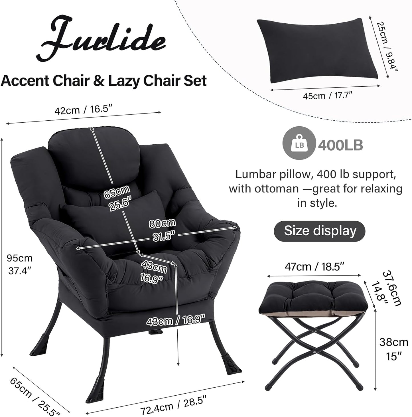 Lazy Chair with Ottoman, Comfy Fabric Accent Lounge Arm Chair with Lumbar Pillow and Folding Footrest, Reading Leisure Sofa Chair for Bedroom, Living Room, Dorm,Black