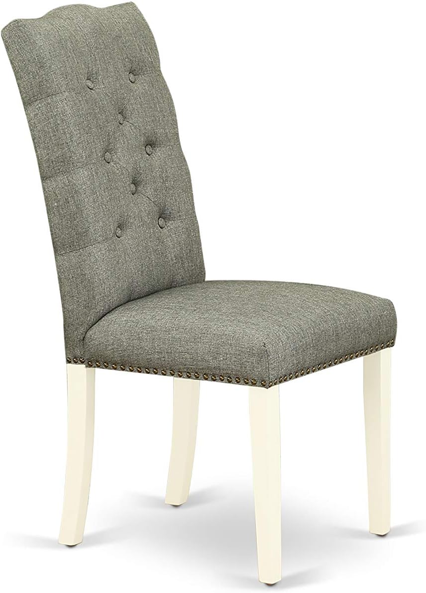 East West Furniture ELP2T07 Elsa Parson Dining Room Chairs - Button Tufted Nailhead Trim Gray Linen Fabric Padded Chairs, Set of 2, Linen White