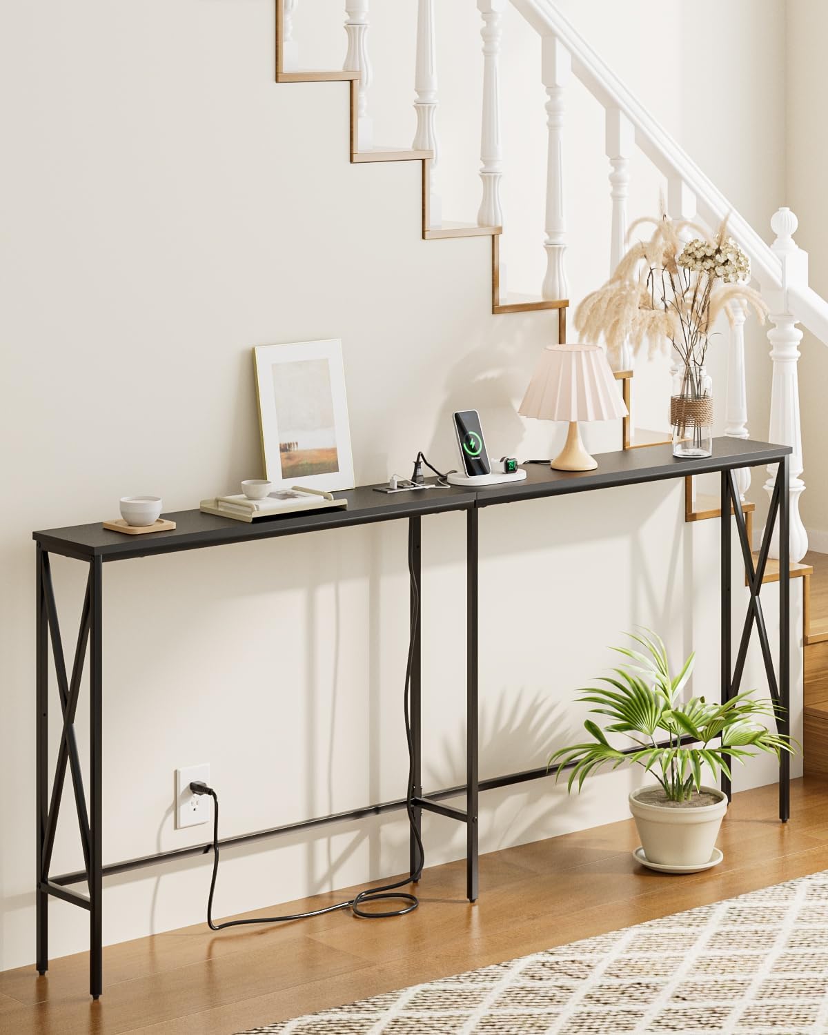 Masupu 70.9" Console Table with Power Outlet, Modern Narrow Long Sofa Table Behind Couch, Skinny Entry Table, Industrial Sofa Table with Metal Frame for Hallway, Living Room, Classic Black