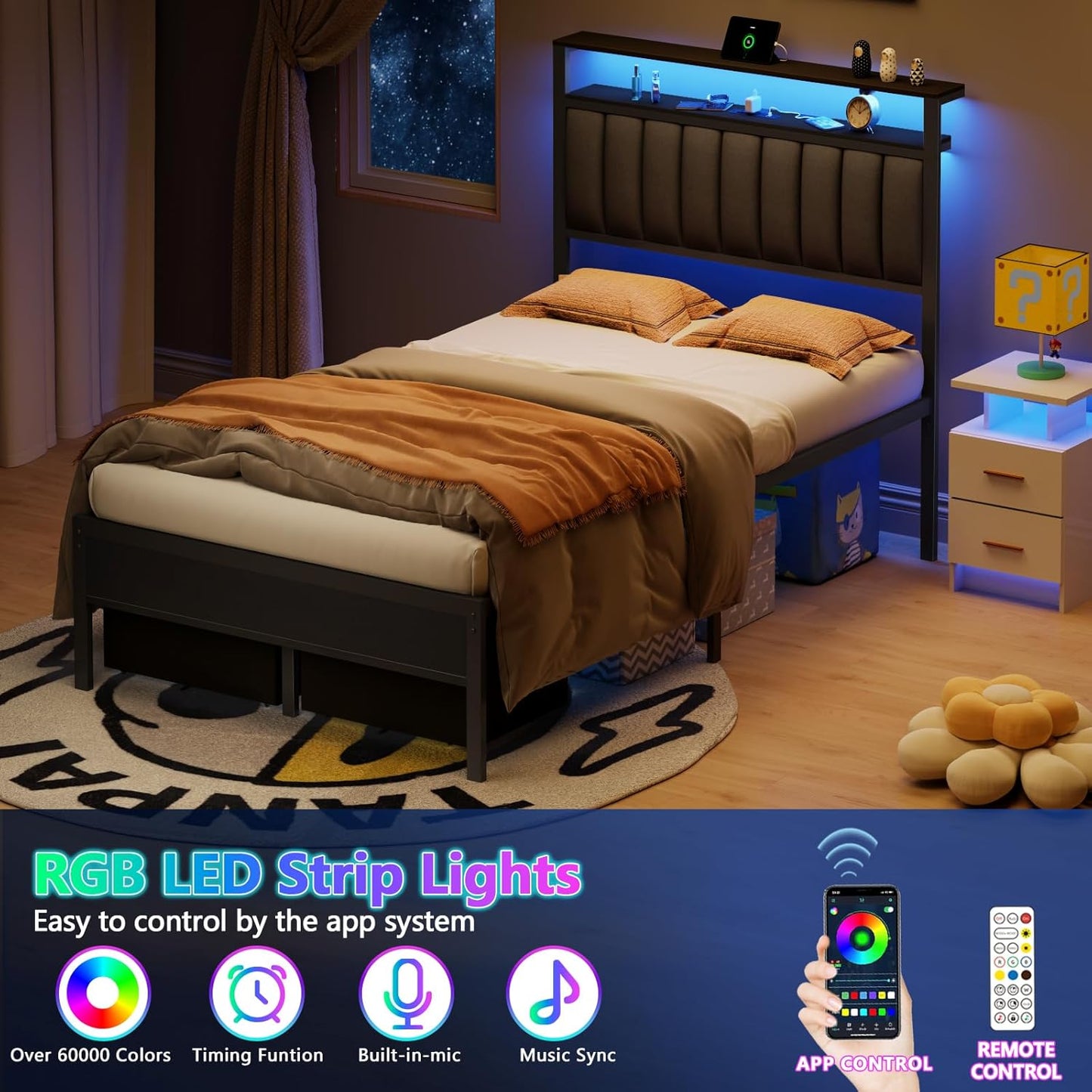 Furnulem Full Size Bed Frame with Charging Station and LED Lights, Grey Upholstered Headboard with Shelves, Metal Platform Bed with 2 Under-Bed Storage (Fabric Drawer on Wheels), No Box Spring Needed