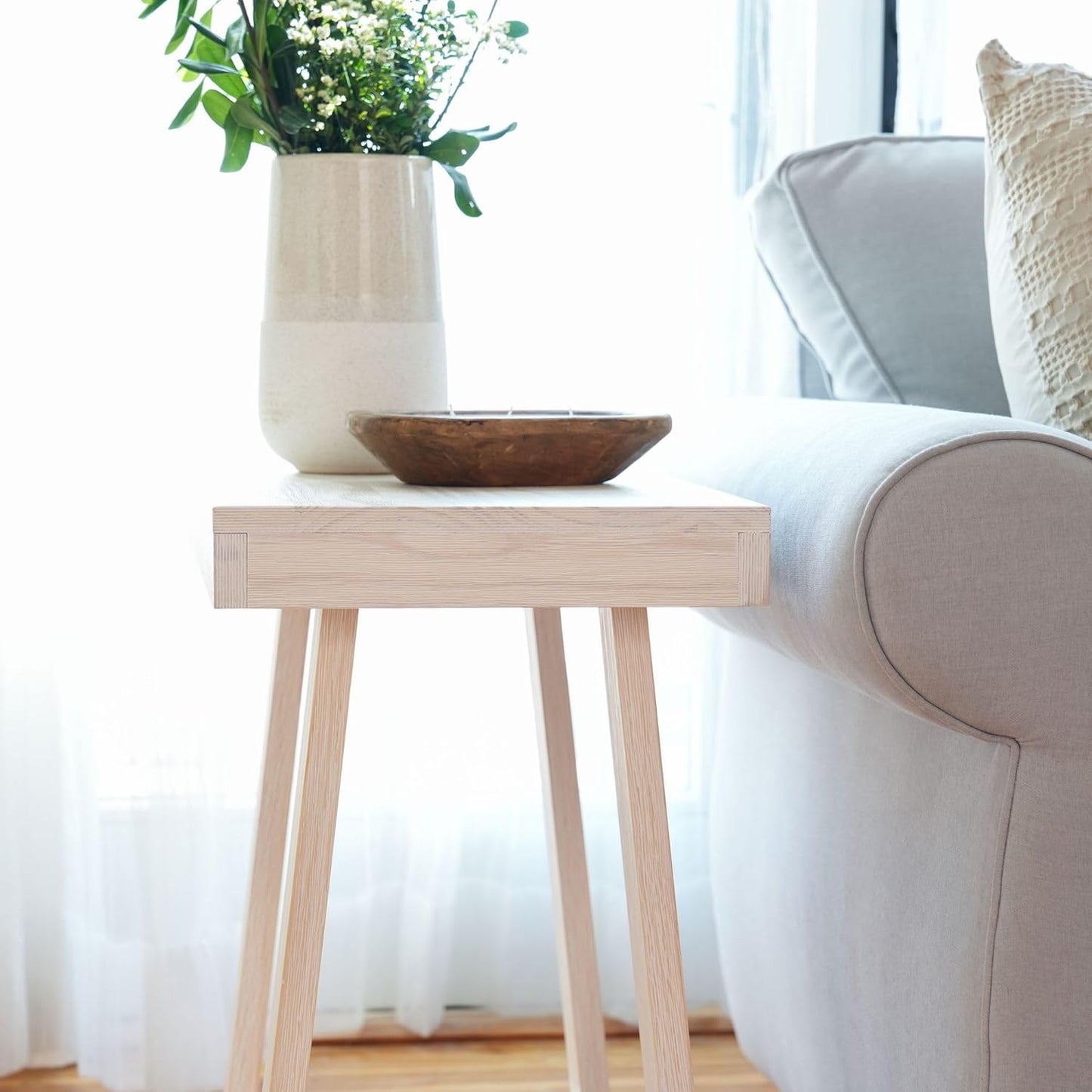Plank+Beam Classic Rectangular Side Table, 25", Slim Side Table for Living Room, Narrow Nightstand for Small Spaces, Wood End Table for Bedroom, White Sand Wirebrush
