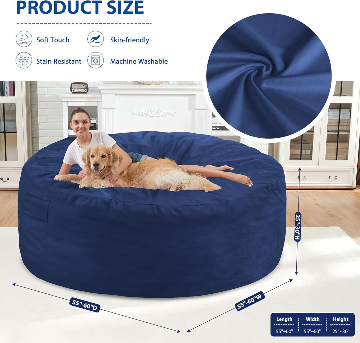 6FT Bean Bag Chair, Large Bean Bag Chairs with Memory Foam Filled, Fluffy Beanbag Sofa with Dutch Velvet Cover, Round BeanBag Chairs for Living Room, Playroom - Blue