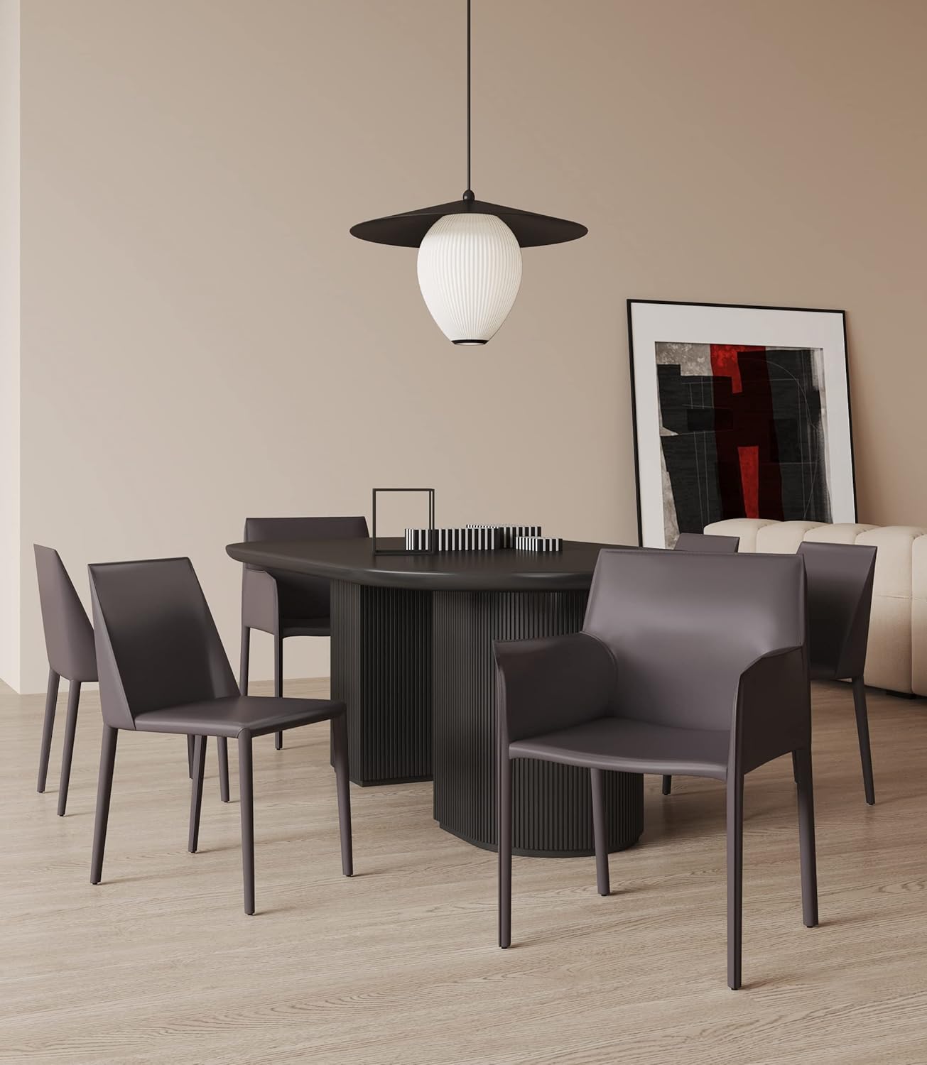 Manhattan Comfort Paris Modern Saddle Leather Dining Chairs, Metal Frame, Comfortable Padded Seat, Fully Assembled Armchair Accent Furniture, Set of 6, Grey