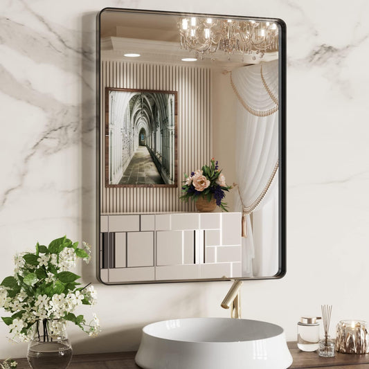 WEER Black Bathroom Mirror 22X30 Inch, Rounded Rectangle Matte Black Bathroom Vanity Mirror, Black Metal Framed Mirror for Wall, Tempered Glass, Anti-Rust, Hangs Horizontal or Vertical