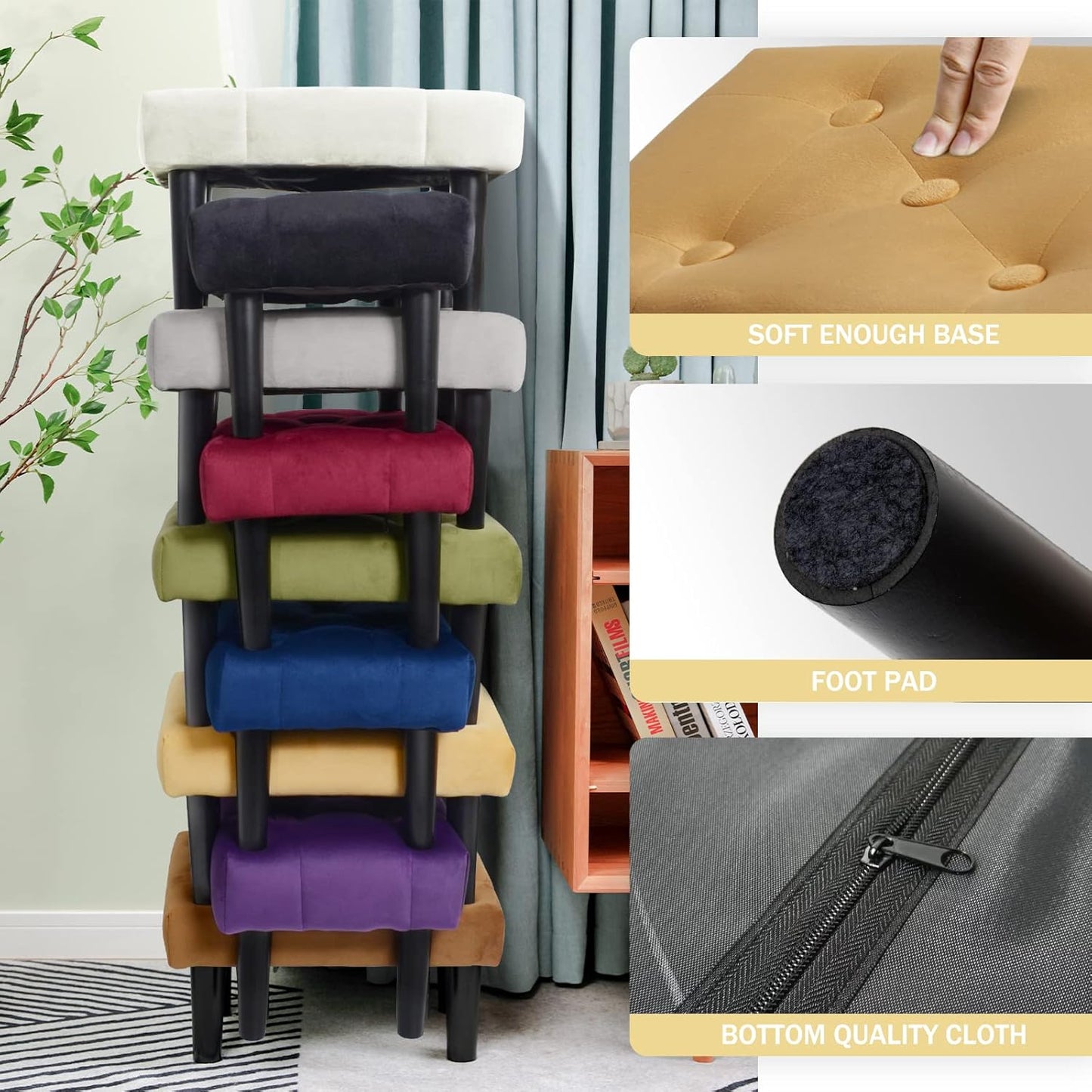 HOUCHICS Small Footstool Ottoman,Velvet Soft Footrest Ottoman with Wood Legs,Sofa Footrest Extra Seating for Living Room Entryway Office(Yellow 1PACK)