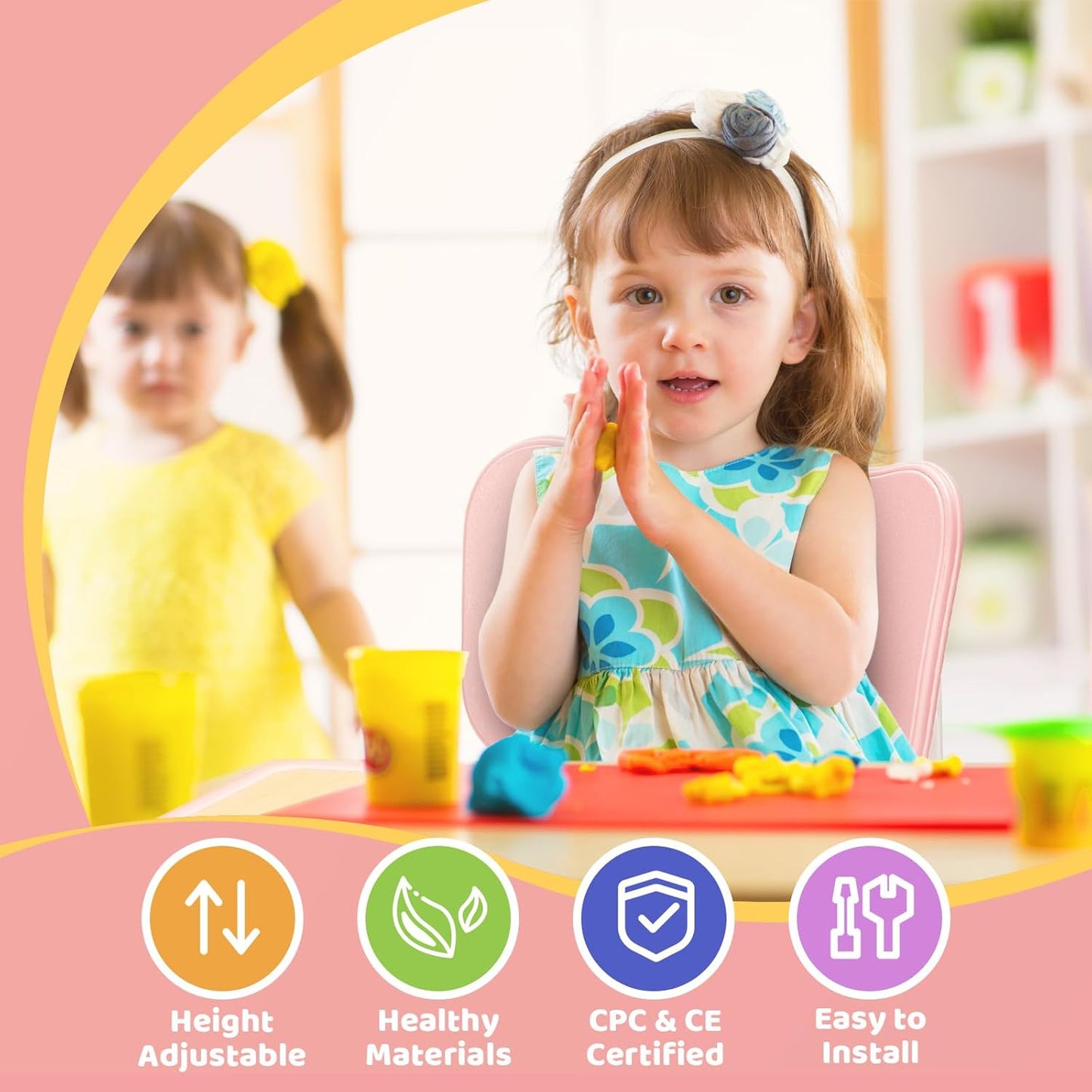 FUNLIO Adjustable Kids Chair (2pcs), 3 Level Height Adjustable Toddler Chair for Ages 3-8, Sturdy Child Chair with Maximum Bearing 220lbs, for Classrooms/Daycares/Homes, CPC & CE Approved - Pink