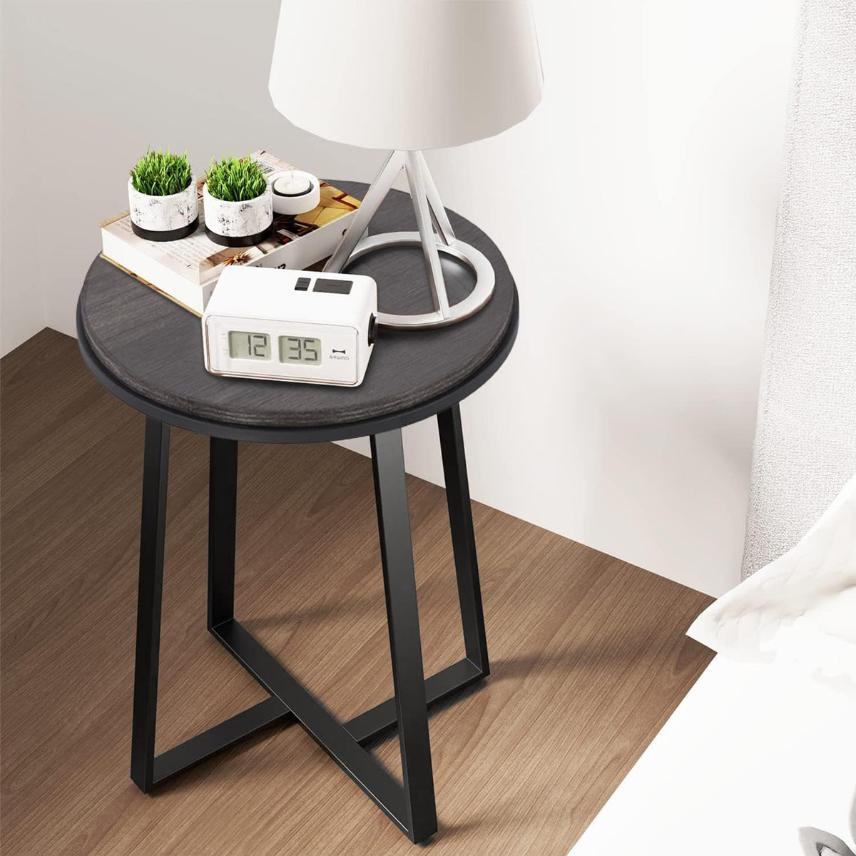 Round End Table, Small Side Table Grey Color MDF Top, Metal Frame Black, Tall End Side Table for Bed Room, Coffee Tea End Table for Living Room(Round Grey)
