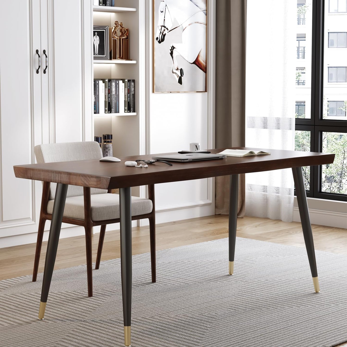 Modern Simple Style 55" Standing Desk Study Computer Desk - Black Metal Frame, Solid Wood Planks, for Home Office Bedroom