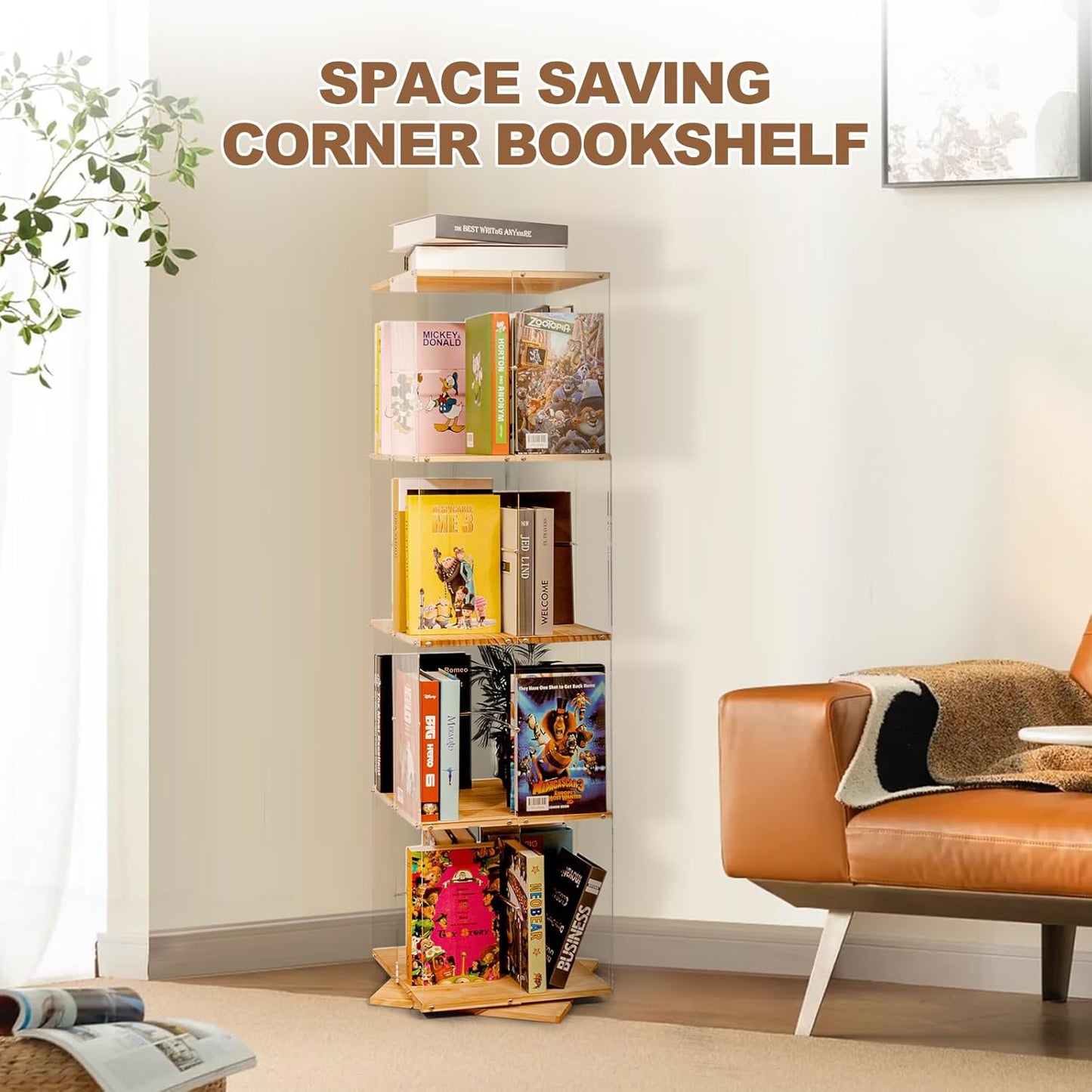 Rotating Bookshelf, 360 Degree Revolving Bookcase, 4-Tier Spinning Bookshelf, Clear Acrylic & Solid Wood Rotating Bookcase for Kid’s Playroom, Bedroom and Living Room, Square