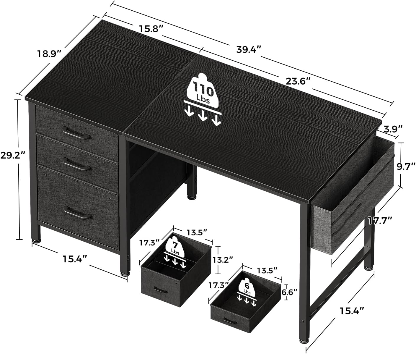 Casaottima 40" Small Computer Home Office Desk for Bedroom with Fabric Drawers & File Cabinet, Cloth Storage Bag and Hook, Writing Study Work Table for Small Space, Black