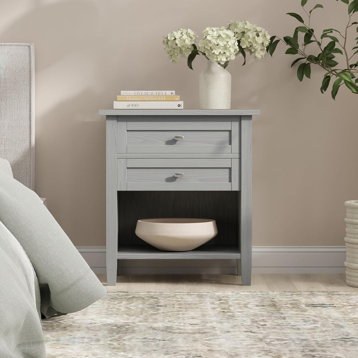 SIMPLIHOME Warm Shaker SOLID WOOD 24 Inch Wide Transitional Bedside Nightstand Table in Fog Grey, For the Living Room and Bedroom