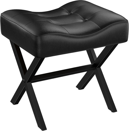 18-Inch Large Leather Vanity Stool, Vanity Chair with Metal X-Leg, Ottoman Foot Stool with Thick Padded Saddle Seat, Black