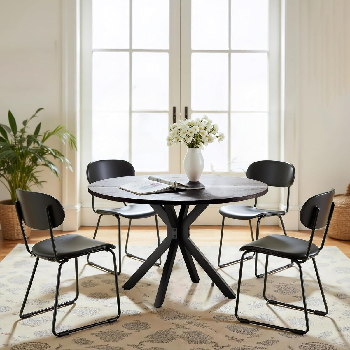 47 Inch Round Dining Table for 4, Modern Round Dinner Table Small Mid Century Dining Room Tables, Leisure Kitchen Tables for Small Space, Kitchen, Living Room, Steel Legs, Black