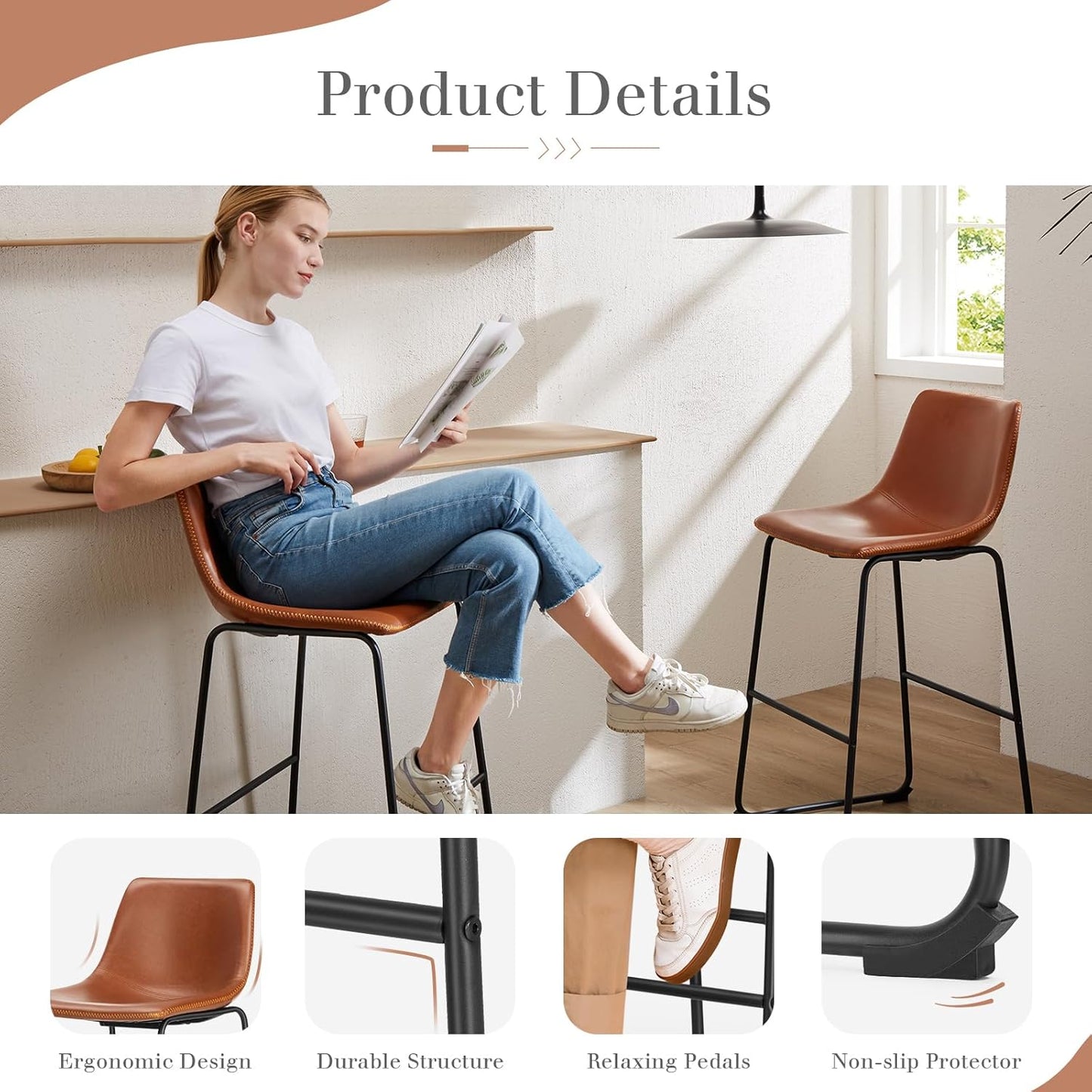 DUMOS 30 Inch Counter Height Bar Stools Set of 2, Modern Faux Leather High Barstools with Back and Metal Leg, Bar Chairs for Kitchen lsland, Elegant Brown