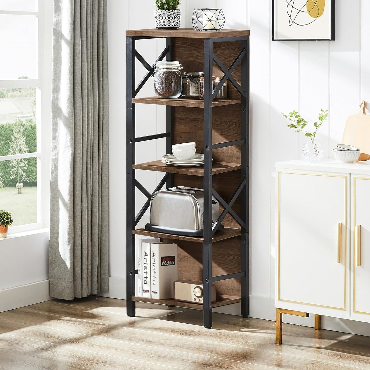 Small Bookshelf,5 Tier Industrial Bookshelf with Metal Frame and Backboard,Narrow Rustic Brown Book Shelf,Book case for Small Spaces,Living Room,Bedroom and Home Office