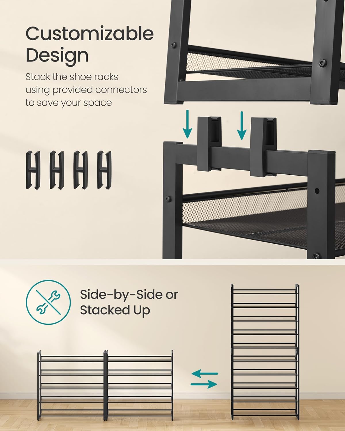 SONGMICS Shoe Rack, 10-Tier Shoe Organizer, Metal Rack for Garage, Set of 2, 5-Tier Stackable Shelf, with Adjustable Flat or Angled Shelves, 40-50 Pairs, Ink Black ULMR010B01