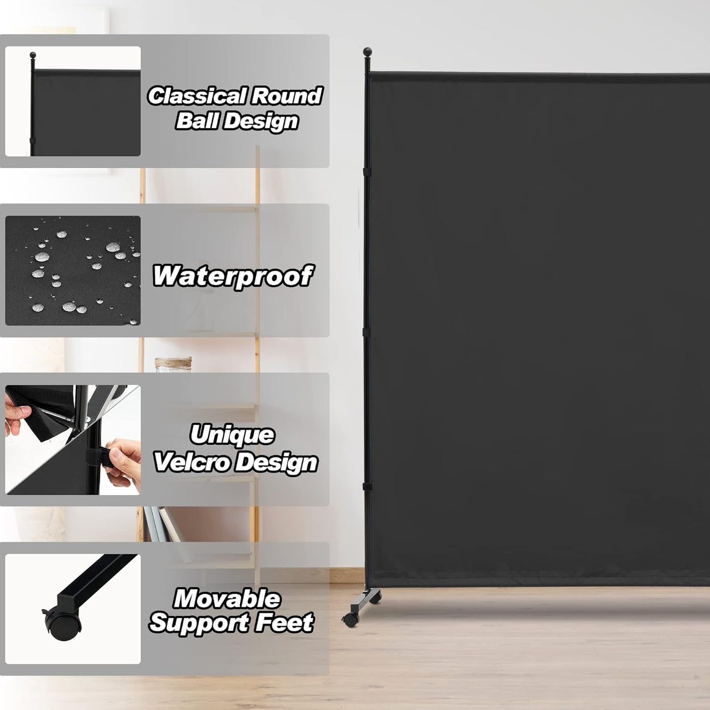 6FT Single Panel Room Divider with Wheels,Rolling Fabric Room Dividers for Partition Privacy Screens,Freestanding Wall Divider for Home Office,Restaurant,Hospital,(Black)