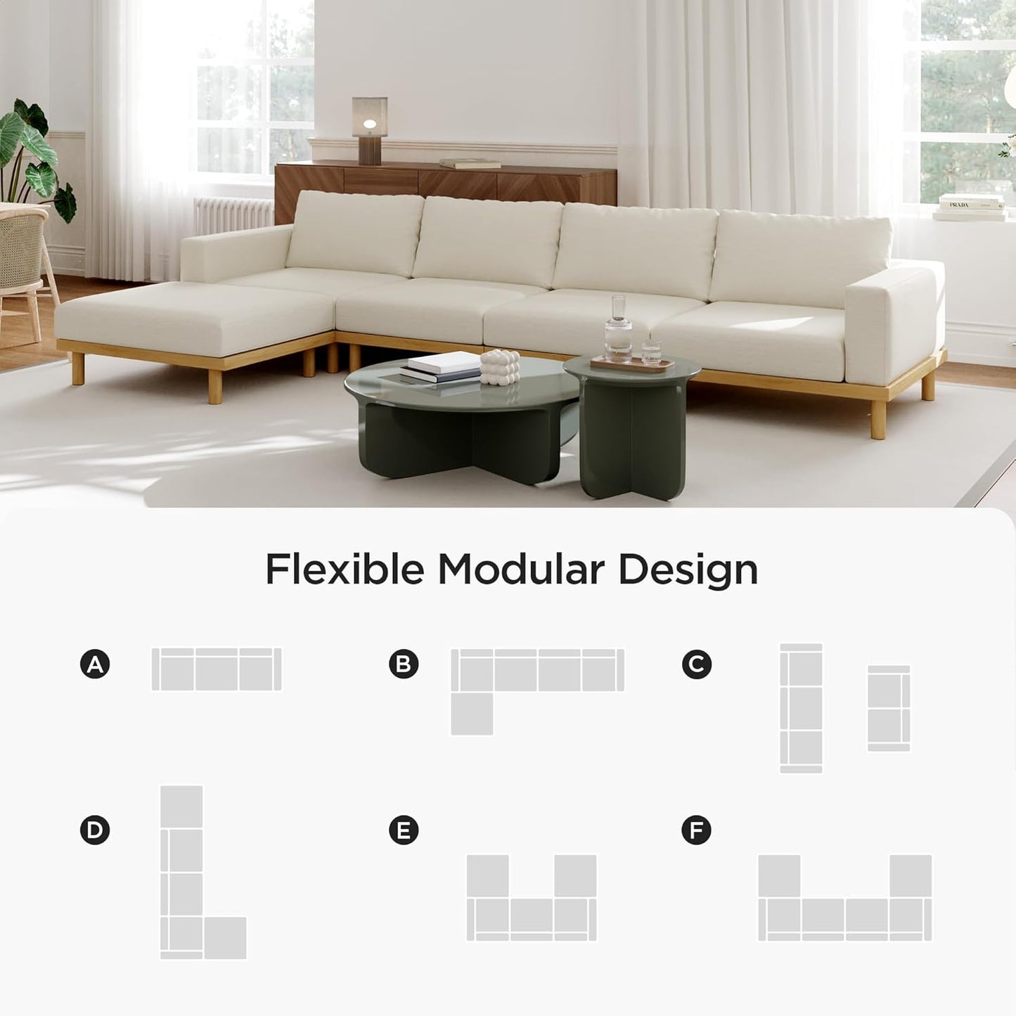 Acanva Minimalist Modular Sectional Sofa for Living Room, Wide & Deep Seat Convertible Furniture Set with Metal Frame and Movable Covers, Loveseat, Off White