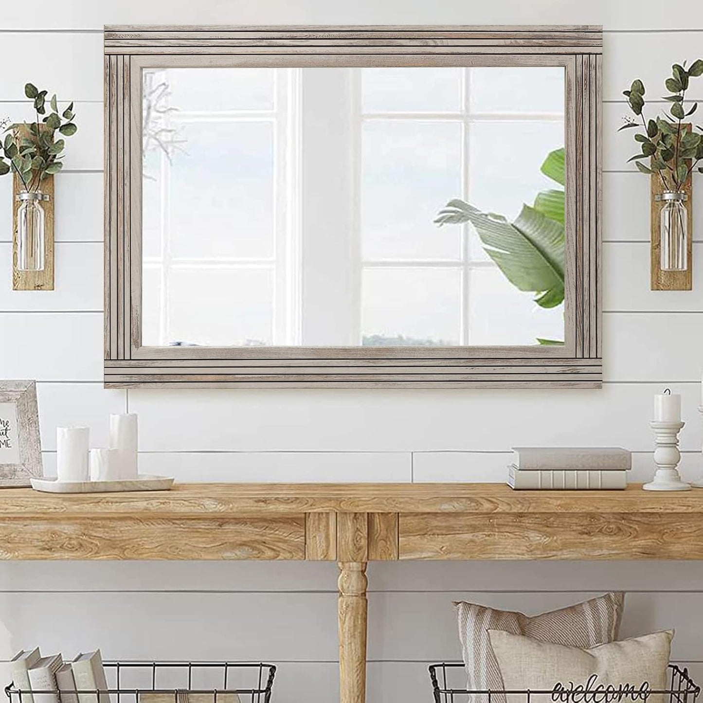 YOSHOOT Hand-Made Wooden Spliced Wall Mirror for Bathroom, Rustic Farmhouse Vanity Mirror, Décor Wall Art, Solid Wood Frame, Vertical or Horizontal Hanging, 60" x 30", Grey
