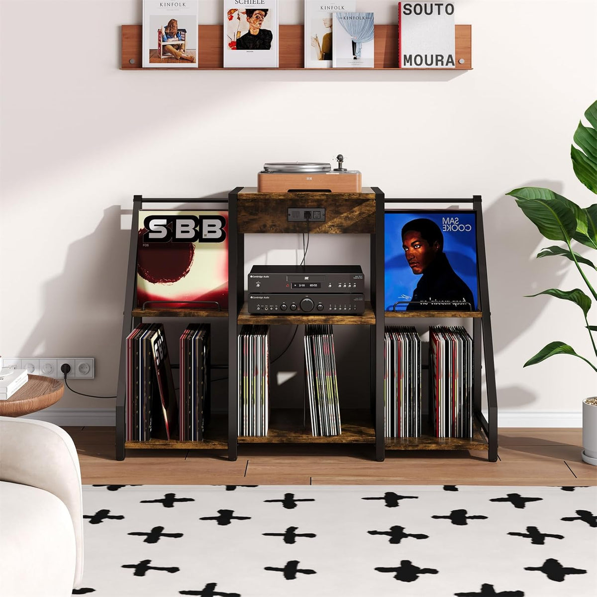 Large Record Player Stand Vintage Record Stand-Large Vintage Record Player Table with Power Outlet and LED Light,Record Storage Rack with Vinyl Display Shelf for Up to 300 Albums