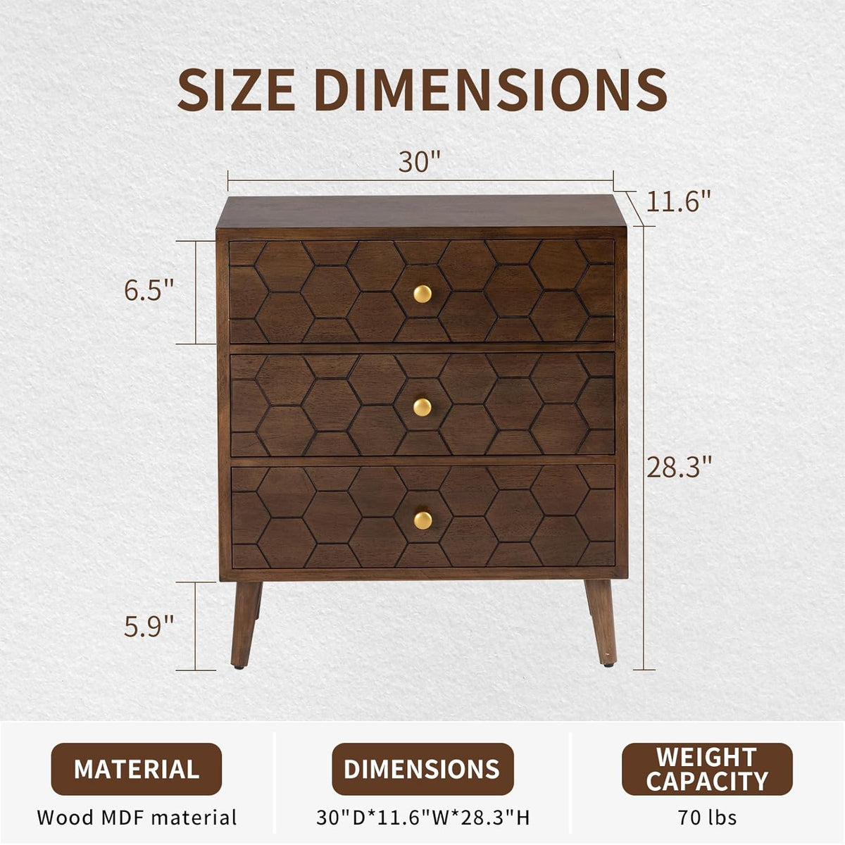 COSIEST Modern End Table w 3 Storage Drawers, Night Stand w Honeycomb Pattern, Small Wood Chest, Accent Cabinet for Bedroom, Living Room(Brown,2 Pieces)