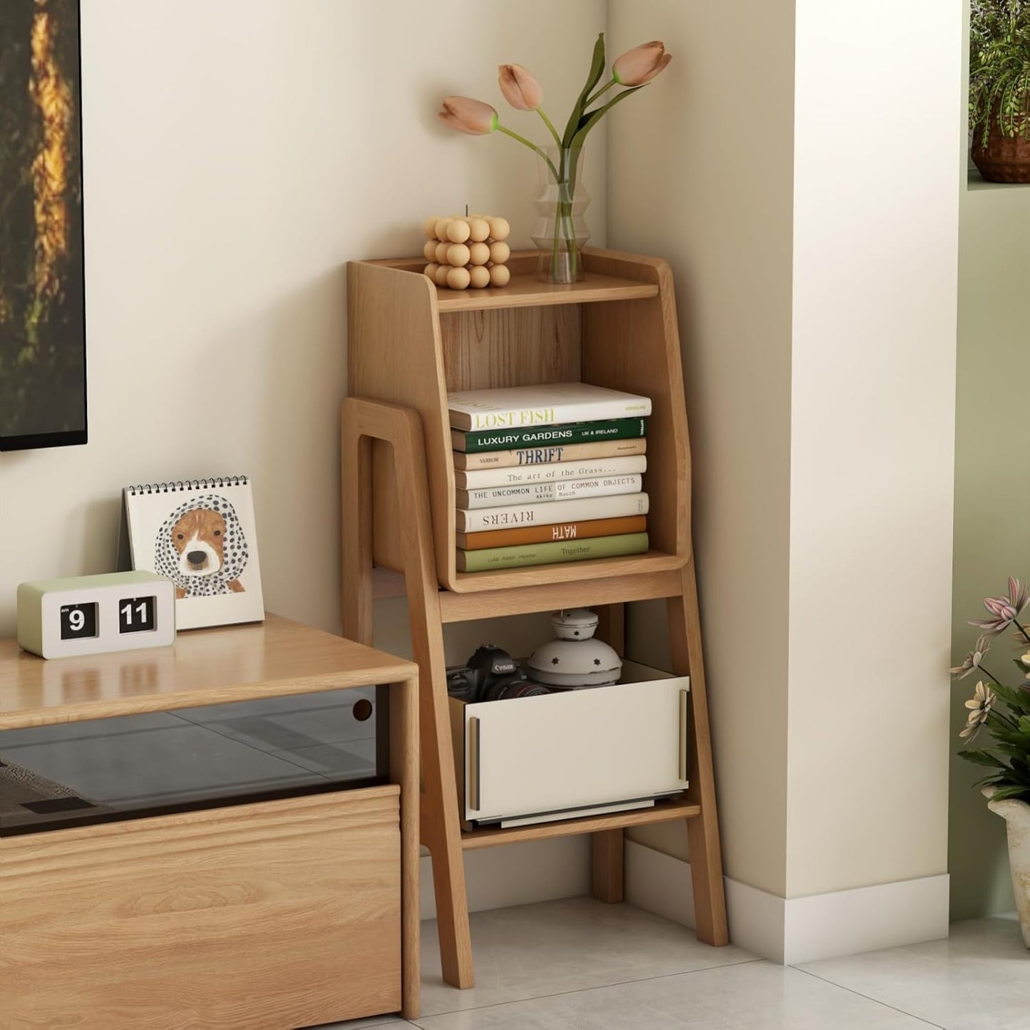 100% Solid Oak Ladder Shelf with Cabinet, 32.67" Tall Nightstand with Stable Frame for Bedroom, Small Bookcase for Living Room Nursery(Natural, Fully Assembly Furniture)