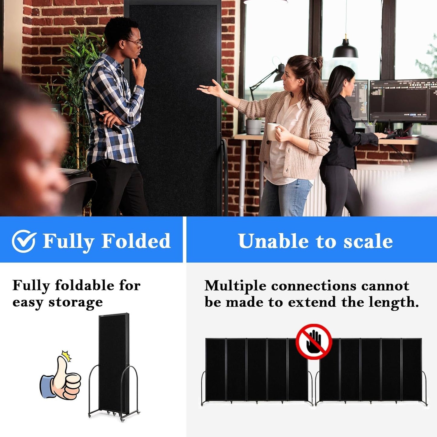Folding Room Partition,Privacy Room Screen with Arms,Office Dividers Partition Wall,10'2"L* 6'7"H,Black