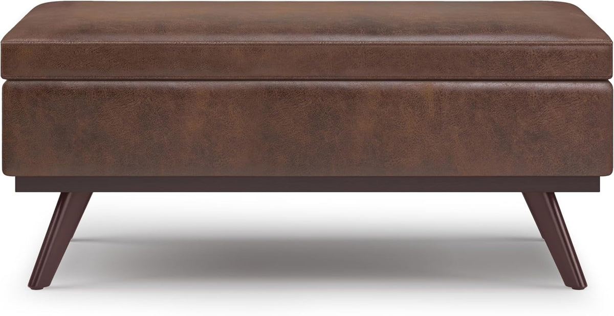 SIMPLIHOME Owen 42 inch Wide Mid Century Modern Rectangle Lift Top Large Coffee Table Storage Ottoman in Distressed Chestnut Brown Vegan Faux Leather, Assembled, For the Living Room