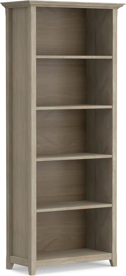 SIMPLIHOME Amherst Bookcase - 70 inch Tall 5-Shelf Solid Wood Bookshelf in Distressed Grey, Transitional Storage for Living Room, Study Room or Office with Adjustable Shelves and Tapered Legs