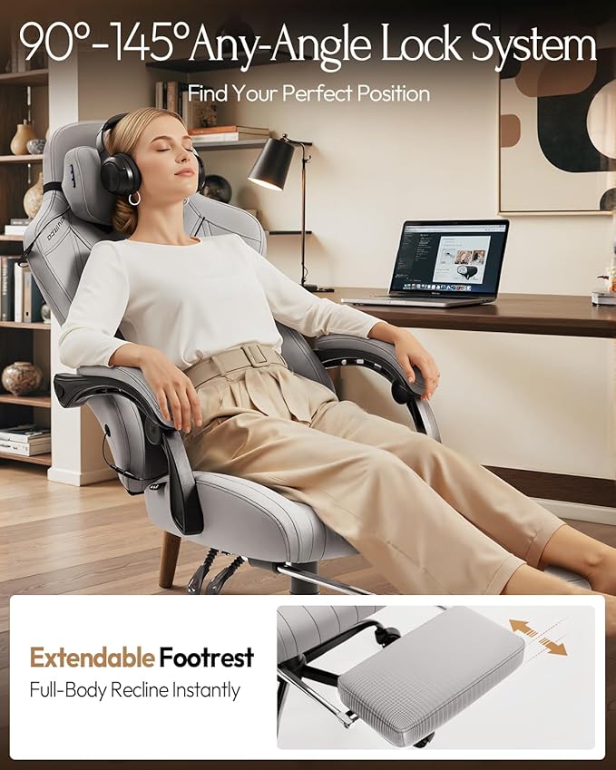 Dowinx Gaming Video Gaming Chair with Shiatsu Neck Massage and Lumbar Support for Home Office High Back Recliner Height Adjustable Ergonomic Comfy Leather Computer Desk Chair (Grey)