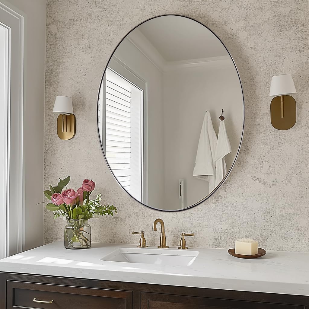 ANDY STAR Brushed Nickel Mirror Bathroom, 24x32 Inch Brushed Nickel Oval Mirror, Stainless Steel Metal Frame Oval Vanity Mirrors Hangs Horizontal or Vertical, Modern Style for Home